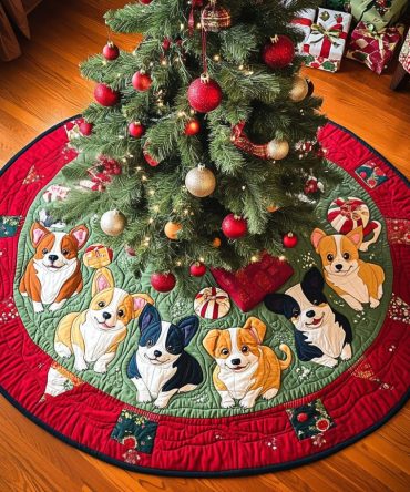 Merry Corgi Wonderland Quilted Tree Skirt — Whimsical Holiday Corgi Scenes, Plush Quilting & Festive Charm For Seasonal Displays