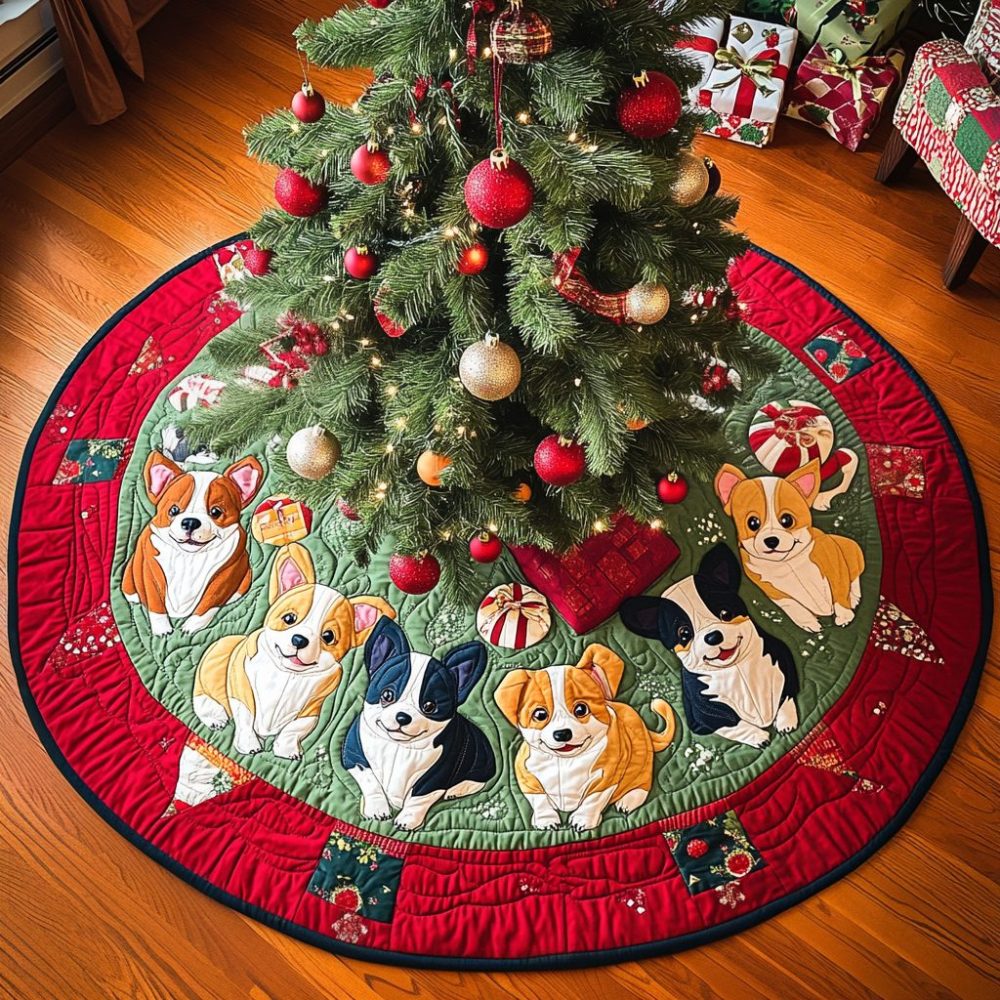 Merry Corgi Wonderland Quilted Tree Skirt — Whimsical Holiday Corgi Scenes, Plush Quilting & Festive Charm For Seasonal Displays