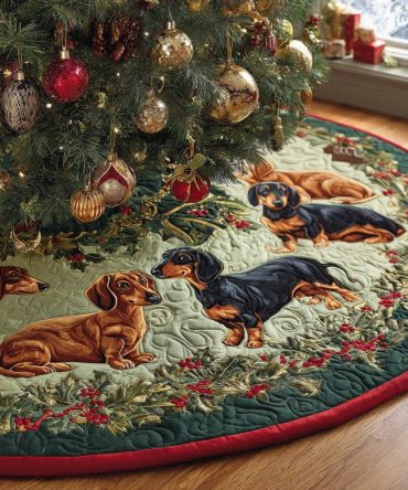 Quilted Dachshund Christmas Tree Skirt — Merry Nights Patchwork Holiday Décor, Soft Cotton Blend, Machine-Washable, Perfect Dog Lover Gift