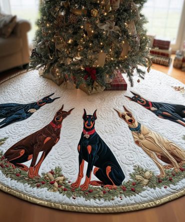 Novelty Quilted Holiday Tree Skirt — Merry Doberman Eve Design, Premium Comfort Blend , Pet-Lover Christmas Décor & Floor Protector