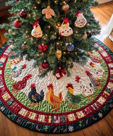 Feathered Friends Quilted Christmas Tree Skirt, Playful Bird Motif, Machine Washable Cotton Blend, Cozy Holiday Accent, Fits Most Trees, Perfect For Living Room Or Cottage