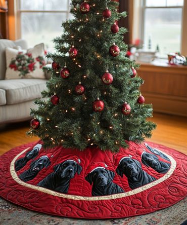 Merry Fetch Quilted Christmas Tree Skirt — Playful Dog & Toy Motifs, Durable Quilting, Festive Base For Holiday Presents
