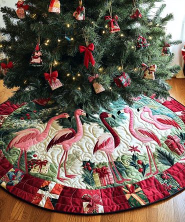 Merry Flamingos Quilted Christmas Tree Skirt - Festive Flamingo Holiday Skirt, Quilted Tropical Décor For Cheerful Celebrations