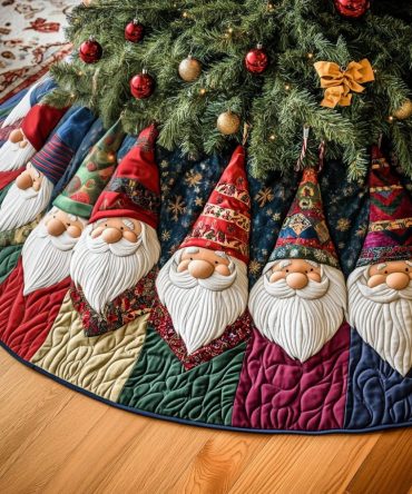 Merry Gathering Quilted Tree Skirt — Festive Holiday Quilted Mat For Christmas Trees, Classic Seasonal Decoration