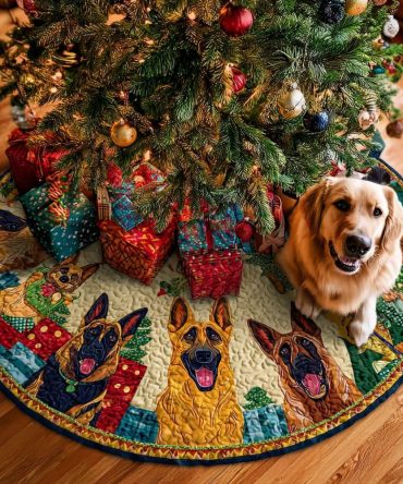 Festive Quilted Holiday Tree Skirt With Merry German Shepherd Portrait — 48-Inch Dog Lover Christmas Décor, Soft, Machine-Washable