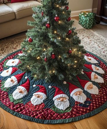Merry Gnome Quilted Holiday Tree Skirt — Festive Gnome Design With Plush Quilting, Ideal For Cheerful Christmas Displays