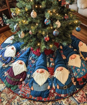 Merry Gnome Gathering Quilted Christmas Tree Skirt , 60" Festive Holiday Collar - Durable Cotton Blend, Easy Care