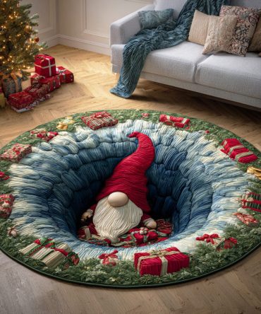 Merry Gnome Gathering Round Rug - Festive Holiday Accent For Living Rooms, Entryways & Children'S Playrooms, Plush, Easy Care