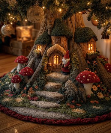 Merry Gnome House Quilted Christmas Tree Skirt - Festive Gnome Holiday Decor With Cozy Handcrafted Look For Seasonal Cheer