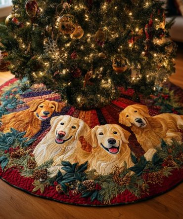 Merry Quilted Golden Retriever Christmas Tree Skirt — Charming Pet-Themed Holiday Skirt With Soft Quilting For Festive Home Ambience