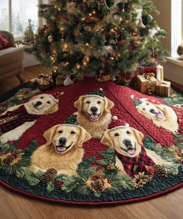 Merry Quilted Golden Retriever Tree Skirt — Joyful Holiday Dog Decor, Soft Quilting, Perfect For Family Photos And Gift Displays This Season