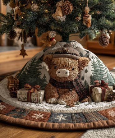 Merry Highland Cow Quilted Tree Skirt — Rustic Holiday Decor, Cozy Quilting, Cotton Blend, Machine Washable & Perfect For Countryside Christmas Themes