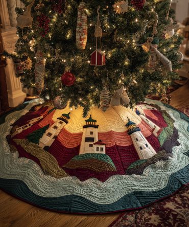 Merry Lighthouse Shores Quilted Tree Skirt — Festive Coastal Christmas Accent With Cheerful Lighthouse Design And Warm Quilting