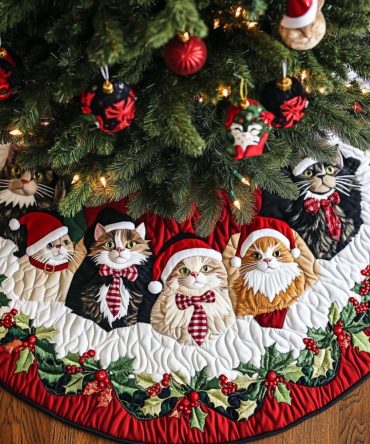Merry Meows Quilted Christmas Tree Skirt — Cheerful Cat Design, Festive Quilting, Decorative Base For Holiday Trees & Gifts