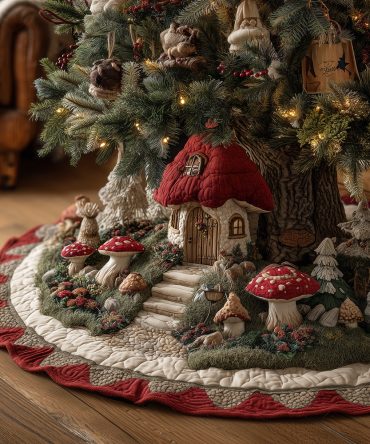 Merry Mushroom Meadow Quilted Christmas Tree Skirt - Playful Holiday Mushroom Decor, Warm Rustic Woodland Style For Home