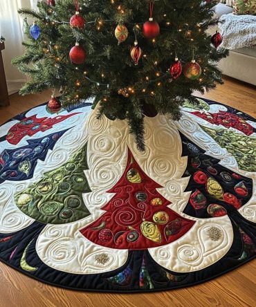 Rustic Pine Quilted Christmas Tree Skirt - 48-Inch Green Holiday Base Cover With Embroidered Needles