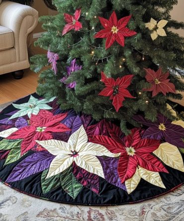 Merry Poinsettia Quilted Tree Skirt — 48In Holiday Decor With Festive Red Flowers, Plush Backing & Easy Closure