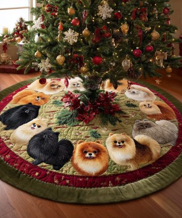 Merry Pom Circle Quilted Christmas Tree Skirt: Circular Pom Trim, Classic Red & Green Patchwork, Cozy Holiday Centerpiece For Gifts