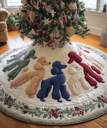 Merry Poodle Lights Quilted Tree Skirt — Bright Festive Poodle Pattern, Plush Quilting, Easy Care & Secure Fit, 48" Diameter
