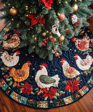 Merry Poultry Quilted Christmas Tree Skirt — Whimsical Hen & Rooster Holiday Skirt For Cozy Farmhouse Décor