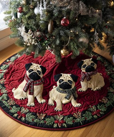 Merry Pugmas Quilted Christmas Tree Skirt — Cheerful Pugmas Design, Quilted Holiday Skirt Ideal For Pug Lovers & Seasonal Gifts