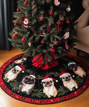 Merry Pugs Quilted Christmas Tree Skirt — Classic Pug Holiday Design, Durable Quilting, Easy-Care & Perfect For Pet-Loving Homes