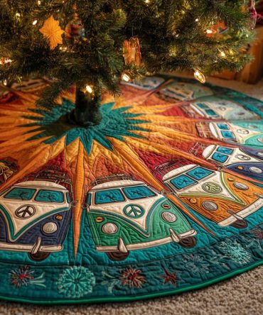 Vintage Roadtrip Quilted Tree Skirt - Soft Quilted Fabric, Easy-Care Holiday Accent, Ideal Gift & Tree Base Cover