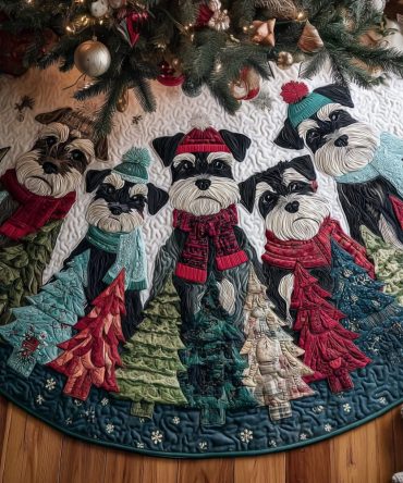 Merry Schnauzers Quilted Tree Skirt — Festive Schnauzer Patterned Christmas Skirt, Quilted Holiday Base For Breed Lovers