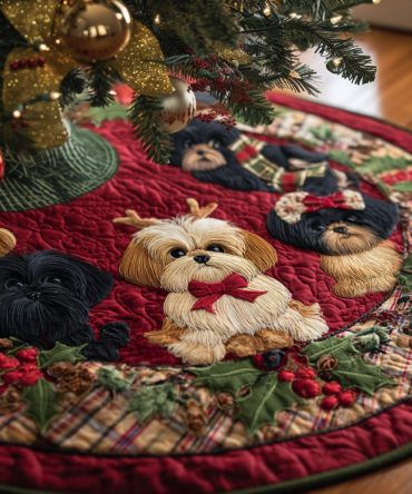 Merry Quilted Shih Tzu Christmas Tree Skirt — Classic Merry Holiday Design With Dog Motif, Plush Quilting, Secure Fit & Machine-Friendly Care