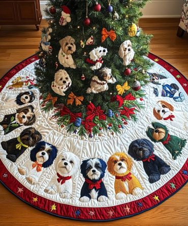 Merry Shih Tzu Wishes Quilted Tree Skirt — Premium Holiday Dog Décor, 48 Inch Reversible, Soft Cotton-Blend, Easy Care Gift Item