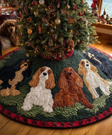 Merry Spaniel Night Quilted Tree Skirt — Midnight Holiday Dog Pattern, Padded Christmas Skirt For Stylish & Functional Seasonal Decor