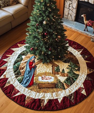 Messiah Manger Quilted Holiday Tree Skirt — Nativity-Themed Christmas Base Décor To Celebrate Faith & Beautify Gift Displays