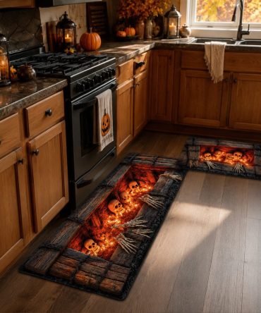 Midnight Cemetery Gate Kitchen Rug — Gothic Headstone & Gate Themed Non-Slip Mat, Durable Halloween Area Rug For Indoor Floors