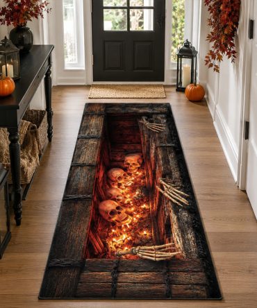 Midnight Cemetery Gate Halloween Runner Rug — Gothic Hallway Carpet, Durable Non-Slip Backing, Dark Atmospheric Entryway Accent