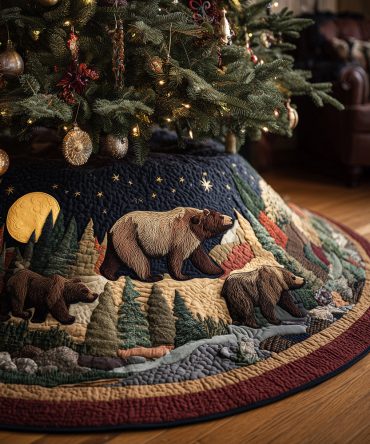 Midnight Bear Waltz Quilted Christmas Tree Skirt — Dramatic Bear Silhouette Holiday Skirt For Rustic, Cabin Or Lodge Decor