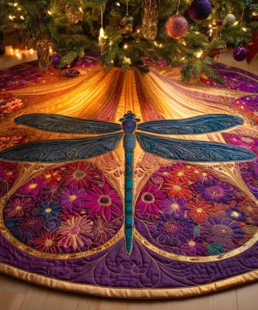 Midnight Bloom Radiance Quilted Tree Skirt — Dark Floral Elegance For Christmas, Luxurious Quilting, Dramatic Holiday Centerpiece
