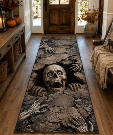 Midnight Bone Crawl Runner Rug — Dark Gothic Hallway Runner Carpet With Distressed Texture, Durable Low-Profile Accent Rug