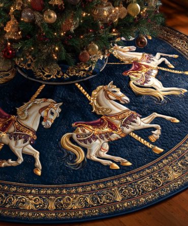 Midnight Carousel Horse Quilted Christmas Tree Skirt — Dark Elegant Horse Motif, Premium Quilting For Dramatic Holiday Style — Perfect Holiday Gift