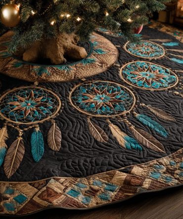 Midnight Dreamcatcher Quilted Christmas Tree Skirt — Dark Boho Western Holiday Accent With Intricate Dreamcatcher Design