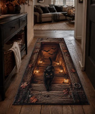 Midnight Familiar Halloween Runner Rug — Witchy Black Cat Hallway Accent, Non-Slip, Durable Print , Ideal Porch & Stair Decor