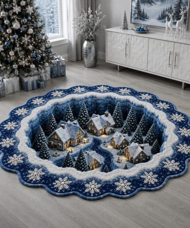 Midnight Frost Village - Nighttime Snow Scene Custom Area Rug, Dark Blue Holiday Village Design, Low-Pile Durable Accent Rug