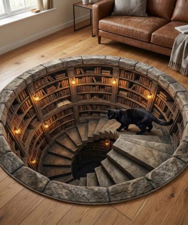 Midnight Library Stair Round Rug — Deep-Toned Book Staircase Circular Carpet For Dramatic Interiors, Plush Surface & Anti-Slip Foundation