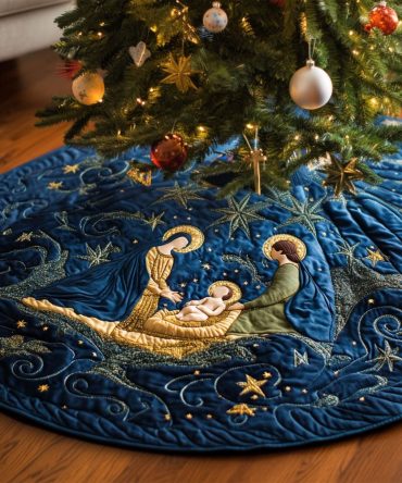 Midnight Miracle Quilted Christmas Tree Skirt - Handcrafted Nativity Design For Elegant Holiday Home & Church Displays