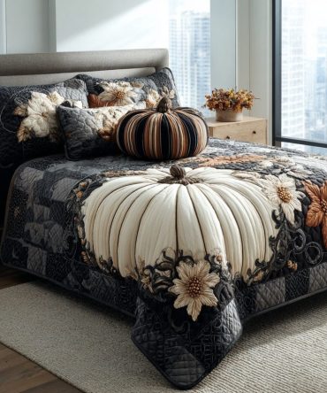 Midnight Pumpkin Bloom Quilted 3-Piece Bedding Set — Cozy Fall Comforter & Shams, Botanical Pumpkin Design For Autumn Bedrooms