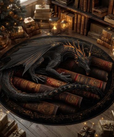 Midnight Tome Dragon Round Rug — Dark Fantasy Round Carpet With Bookish Dragon Design For Cozy Reading Corners