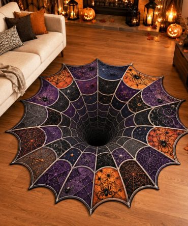 Midnight Web Spider Rug — Custom-Shaped Halloween Floor Mat With Spider Web Design, Plush Soft Pile And Secure Non-Slip Backing