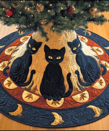 Midnight Whiskers Quilted Christmas Tree Skirt — Elegant Black Cat Holiday Design, Plush Quilting For Festive Mantels & Trees — Perfect Holiday Gift