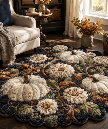 Midnight White Pumpkin Garden High-Contrast Custom-Shaped Area Rug — Crisp Black & White Fall Accent Rug, Durable Low-Pile, Fade-Resistant, Multiple Sizes