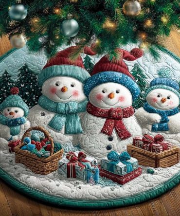 Mint Hat Snow Friends Quilted Christmas Tree Skirt — Mint Accent Snow Characters, Quilted Holiday Skirt For Fresh, Modern Festive Styling