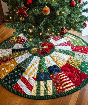Luxurious Mistletoe Quilted Christmas Tree Skirt — Premium Holiday Tree Base Cover, Machine-Washable, Festive Décor
